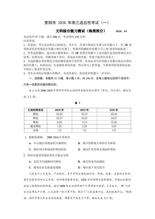 贵州省贵阳市2020年高三适应性考试(一模) 文综地理(解析版)