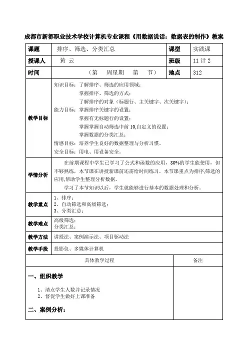 教案：排序、筛选、分类汇总