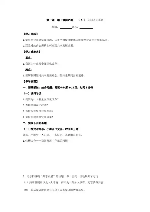 人教版道德与法治九年级上册 1.2 走向共同富裕 导学案(答案不全)
