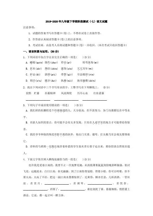 2019-2020年九年级下学期阶段测试(七)语文试题