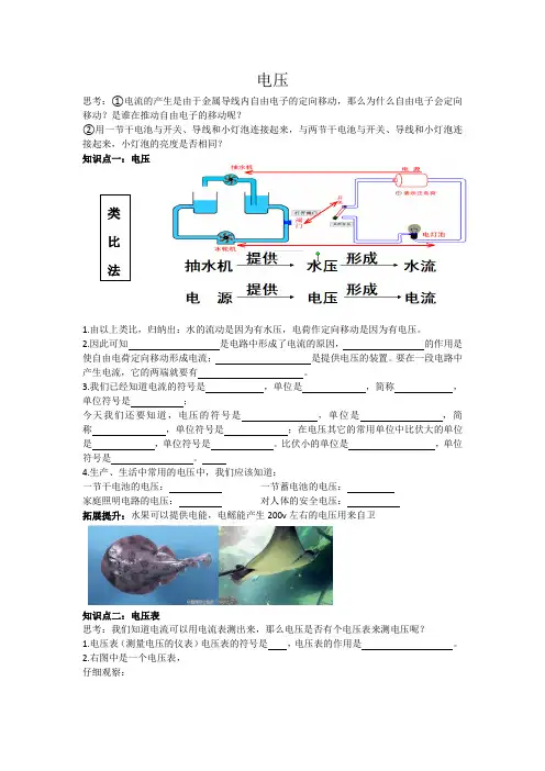 人教版九年级全一册第十六章《电压 电阻 第一节 电压 》学案