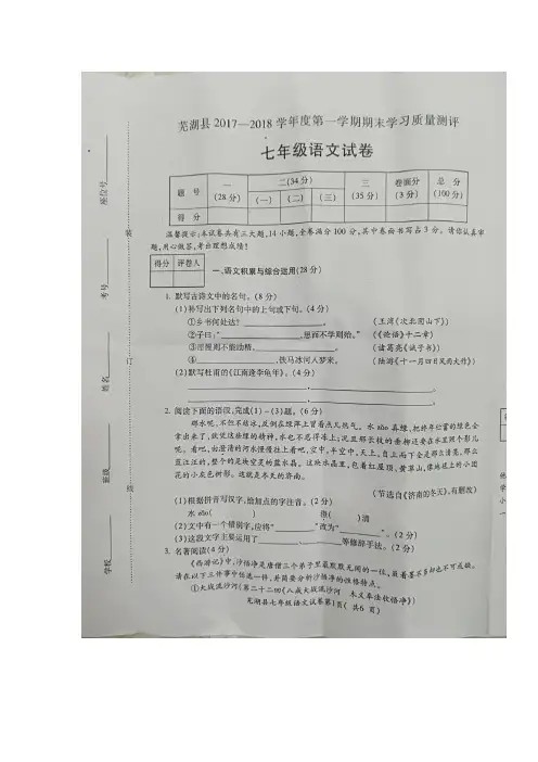 安徽省芜湖市芜湖县七年级语文上学期期末考试试题(扫描版,无答案)新人教版