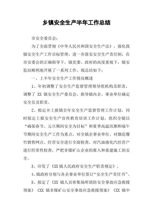 乡镇安全生产半年工作总结