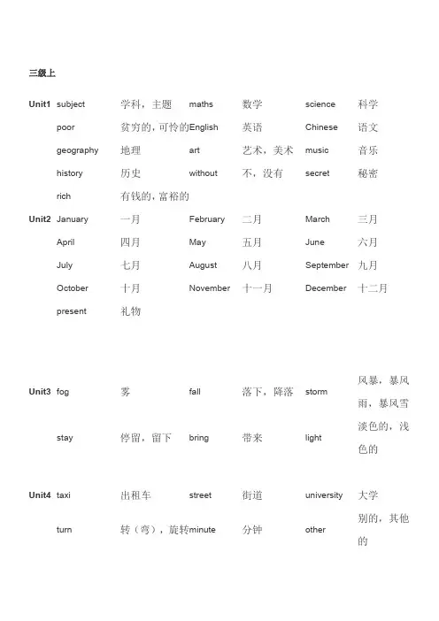 剑桥少儿英语三级 词汇表