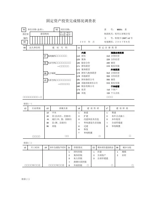 固定资产投资完成情况调查表