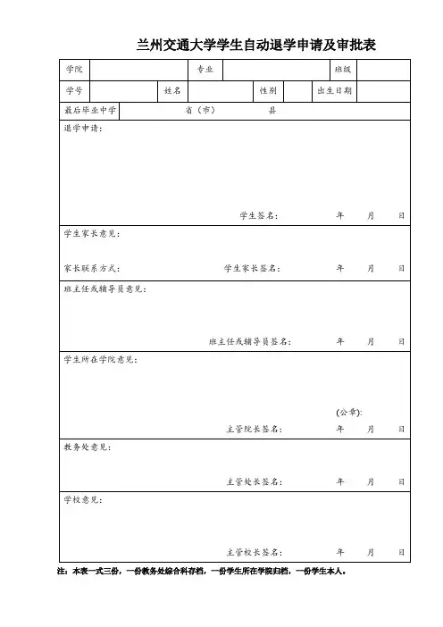 XX大学学生自动退学申请及审批表【模板】