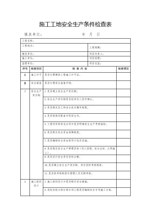 施工工地安全生产条件检查表