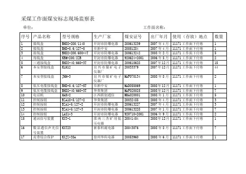 采煤工作面煤安标志现场监察表