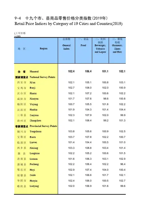 陕西省统计年鉴2020社会经济发展指标：十九个市县商品零售价格分类指数2019