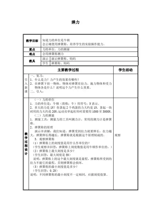 人教版物理八年级下册：7.2《弹力》教案