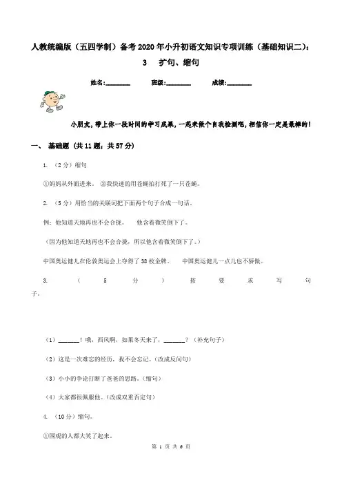 人教统编版(五四学制)备考2020年小升初语文知识专项训练(基础知识二)：3   扩句、缩句