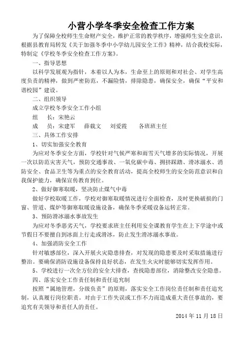 小学冬季安全大检查工作方案