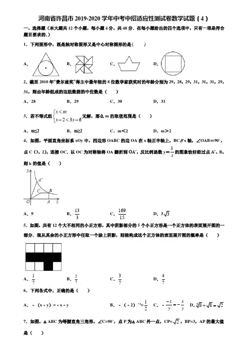河南省许昌市2019-2020学年中考中招适应性测试卷数学试题(4)含解析