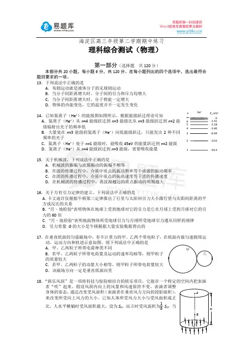 2016年北京市海淀区高三一模物理试卷含答案