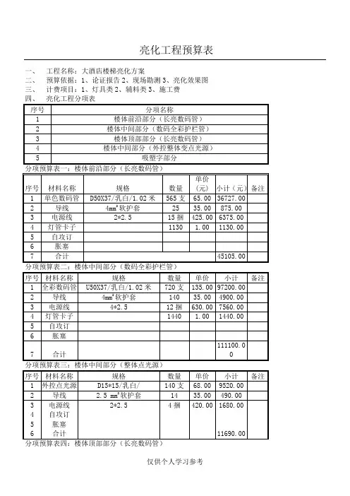 亮化工程预算表