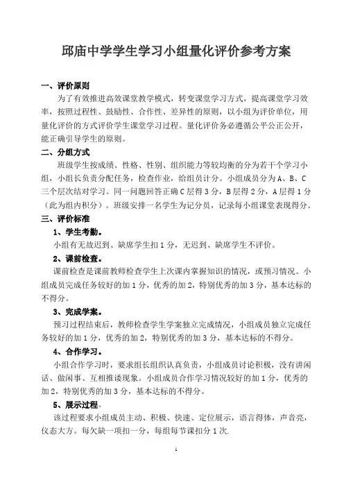 高效课堂学生学习小组量化评价参考方案
