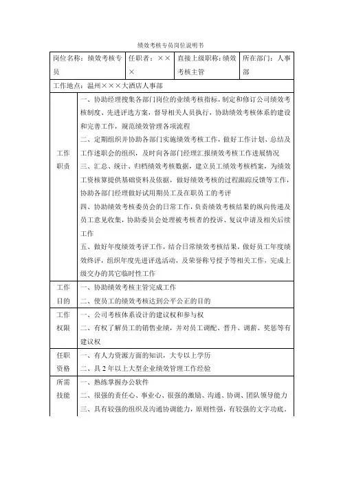 绩效考核专员岗位说明书