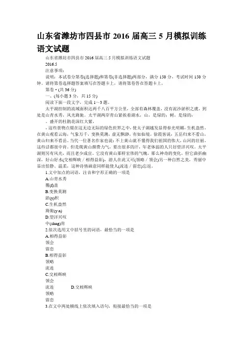 山东省潍坊市四县市2016届高三5月模拟训练语文试题