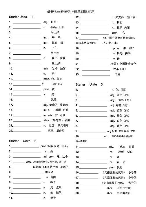 (完整版)七年级上英语单词默写表