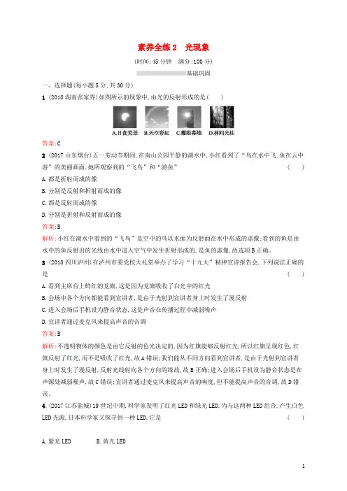 课标通用甘肃省 中考物理总复习素养全练光现象试题