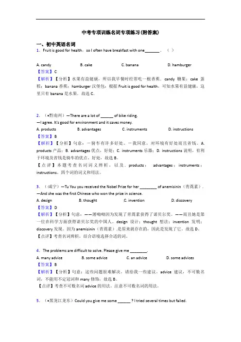中考专项训练名词专项练习(附答案)