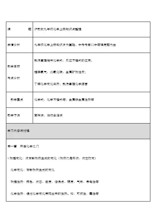 沪教版九年级化学上册知识点