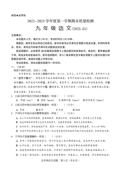 山东省济南市槐荫区2022-2023学年九年级上学期期末语文试题