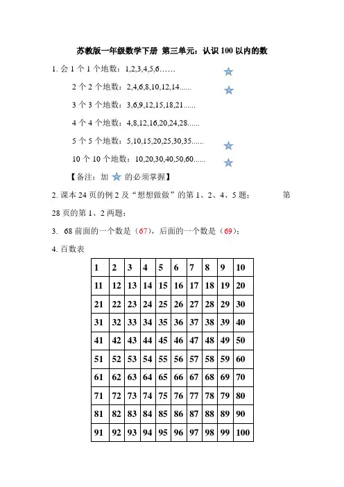 苏教版一年级数学下册 【知识点总结】第三单元  认识100以内的数