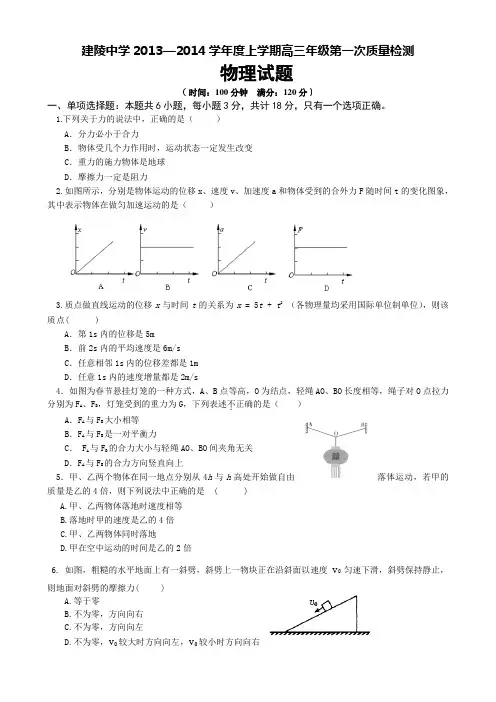 江苏省沭阳县建陵高级中学2014届高三上学期第一次质量检测物理试题 Word版无答案