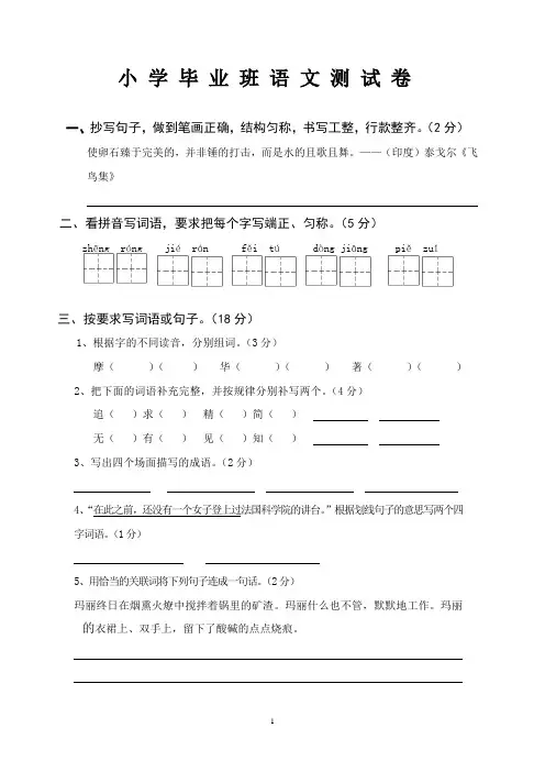小学六年级毕业班语文测试卷B