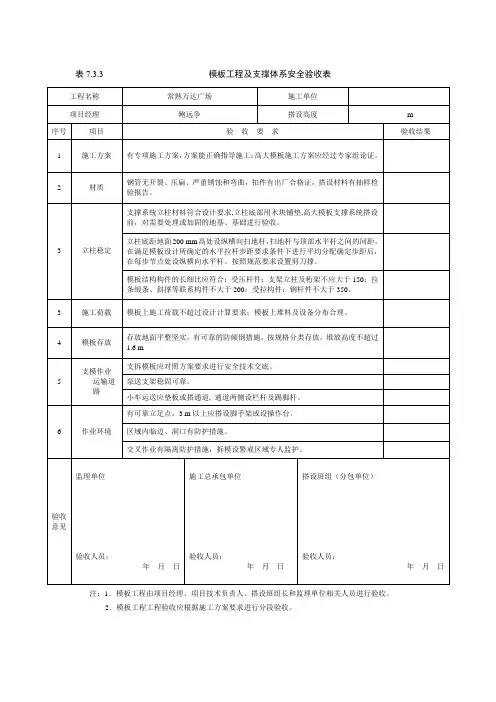 模板工程及支撑体系安全验收表 2