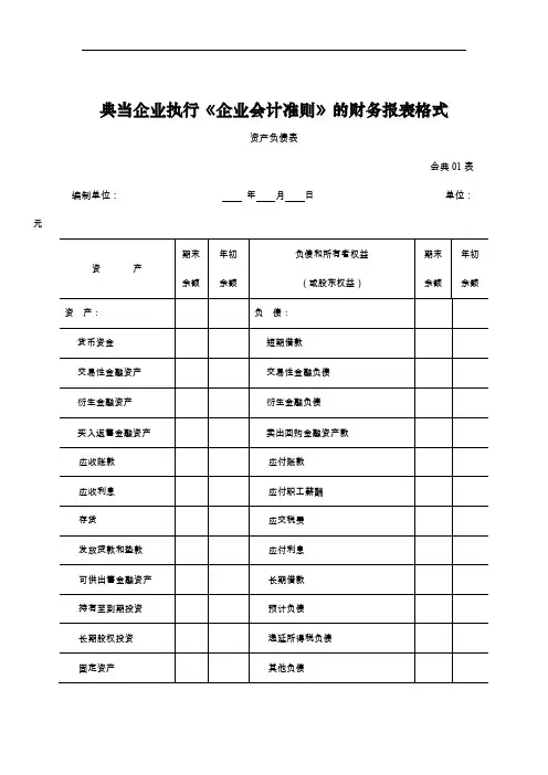 执行《企业会计准则》的财务报表格式