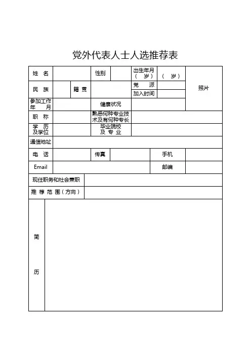 党外代表人士人选推荐表