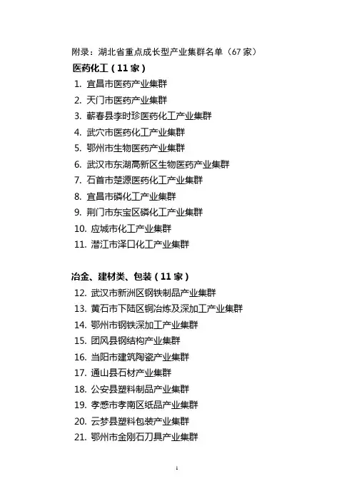 湖北省重点成长型产业集群名单(67家)