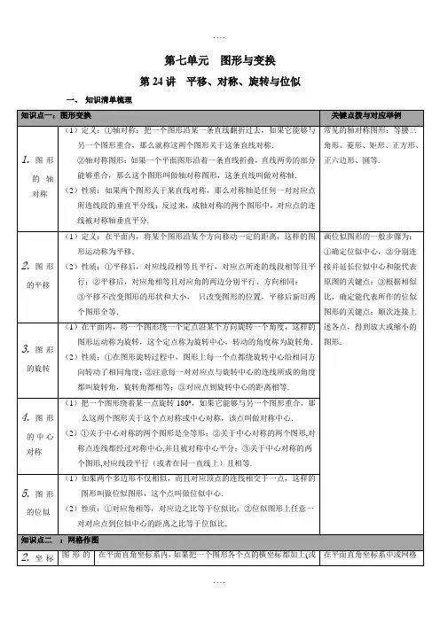【人教版】2019届九年级数学下册：全册中考知识点梳理-第24讲 平移、对称、旋转与位似