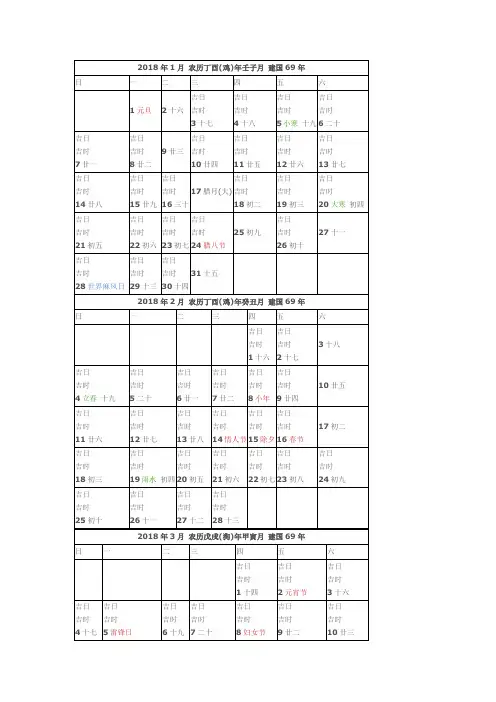 可打印的2018年日历表