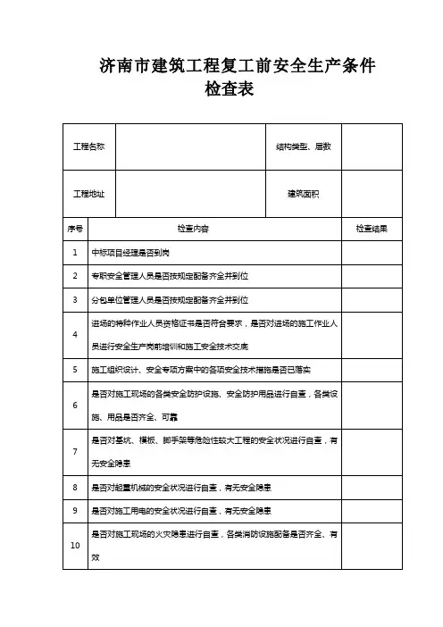 复工前安全生产条件检查表