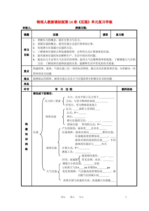 九年级物理 第14章《压强》单元复习学案(无答案)人教新课标版