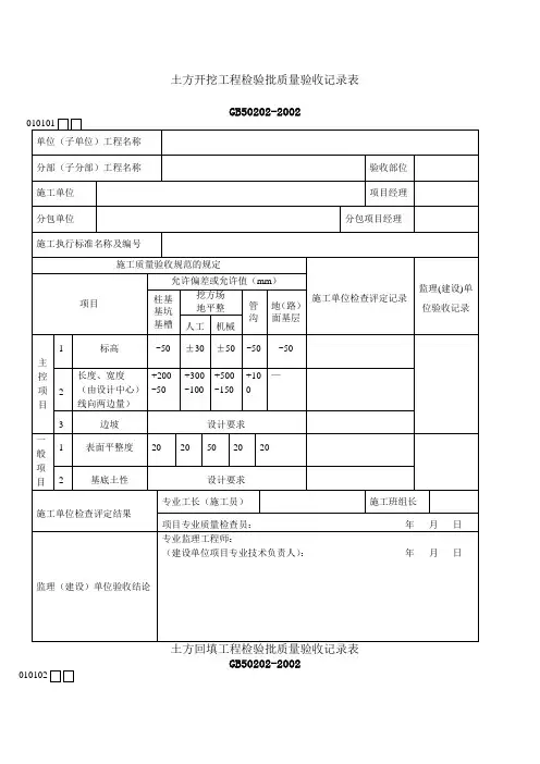 土方开挖工程检验批质量验收记录表