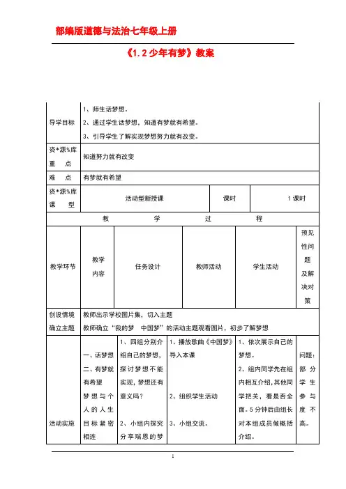 部编版七年级上册道德与法治1.2少年有梦优秀教案