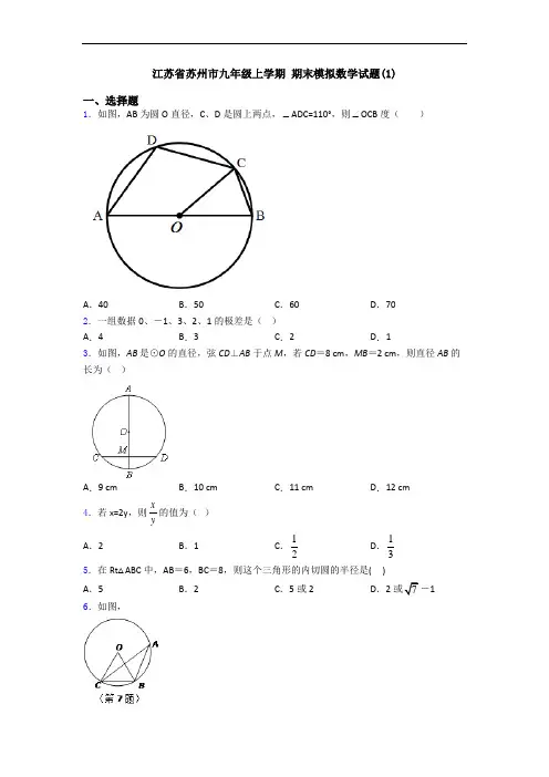 江苏省苏州市九年级上学期 期末模拟数学试题(1)