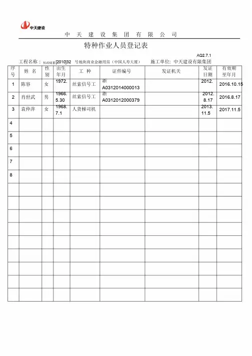 特种作业人员登记表 2