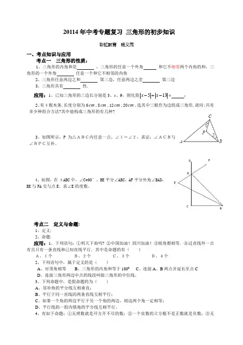 2014年中考专题复习  三角形的初步知识