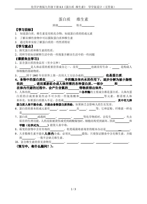 化学沪教版九年级下册8.3《蛋白质 维生素》 导学案设计(无答案)