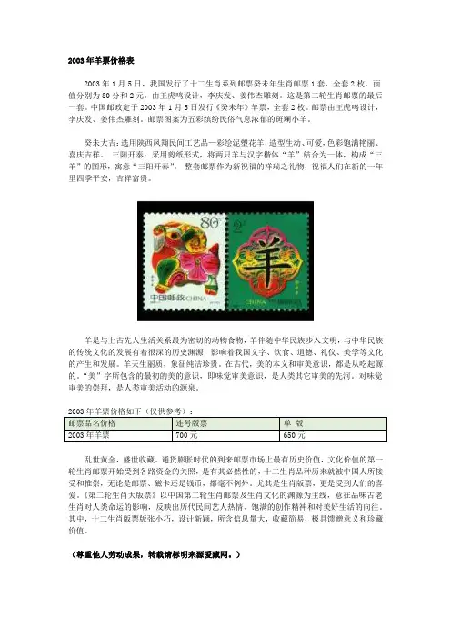 2003年羊票价格表