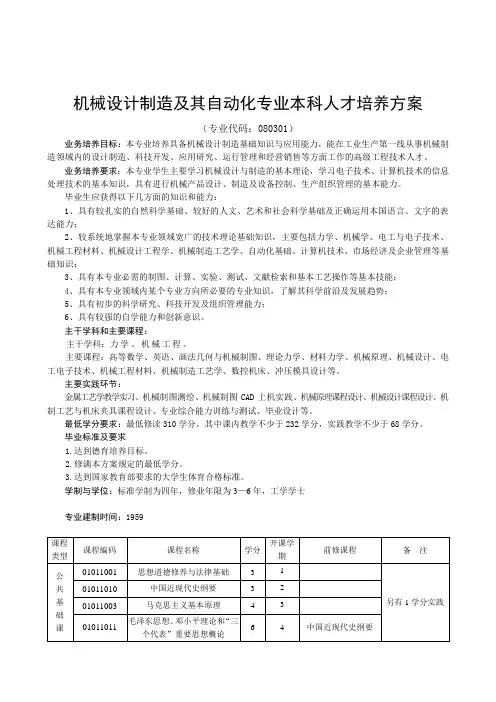 安徽农业大学学分制本科人才培养方案 机械设计制造及其自动化专业