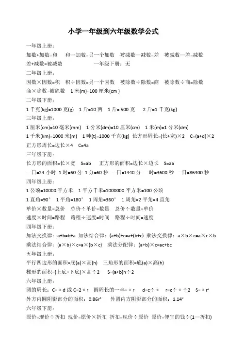 小学一年级到六年级数学公式