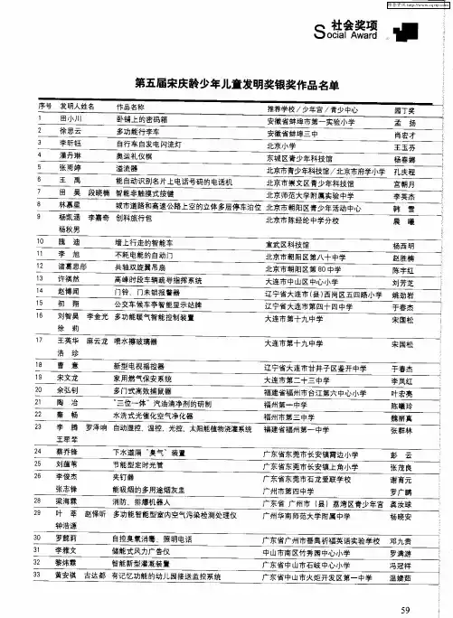第五届宋庆龄少年儿童发明奖银奖作品名单