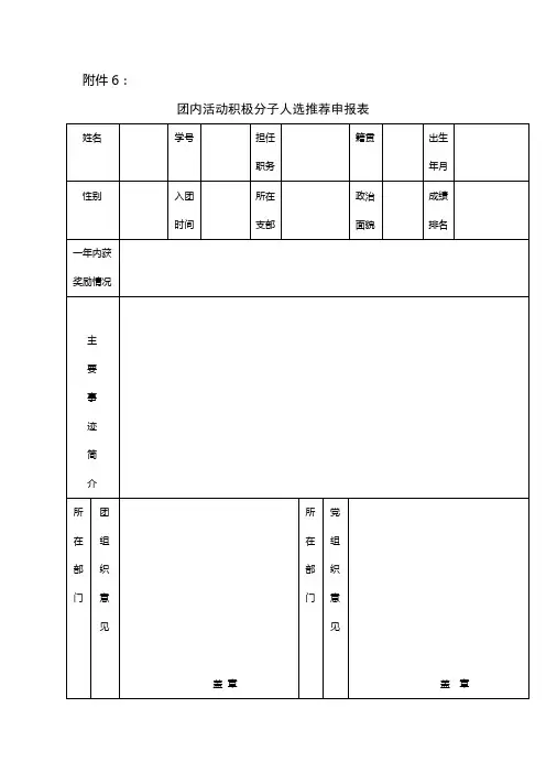 团内活动积极分子推荐申报表