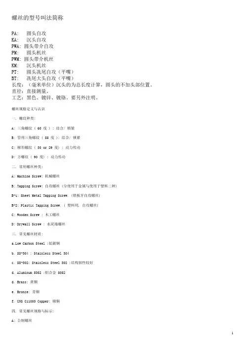 螺丝的型号叫法简称